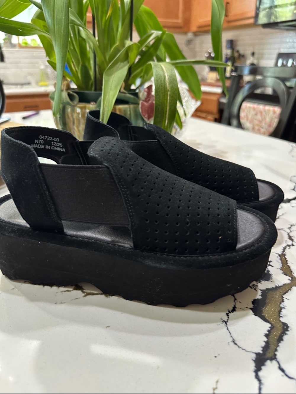 BearPaw Black Perforated Platform Slingback Sandals